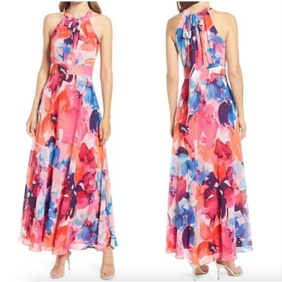 ELIZA J Women's Maxi Dress Chiffon High Neck Bold Watercolor Floral Print NEW 10 - Picture 1 of 12